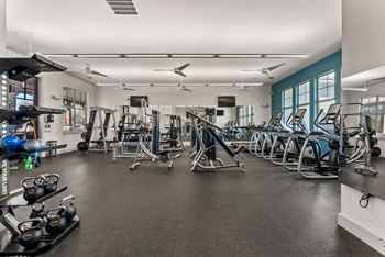 A gym with a variety of equipment including weights and cardio machines.